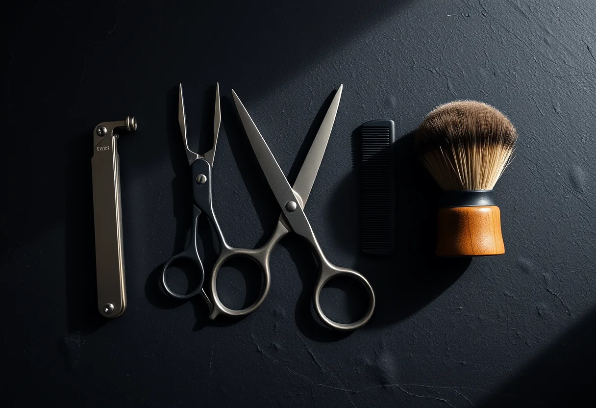 Overhead flat lay of a straight razor, shears, carbon comb and neck brush on dark slate.