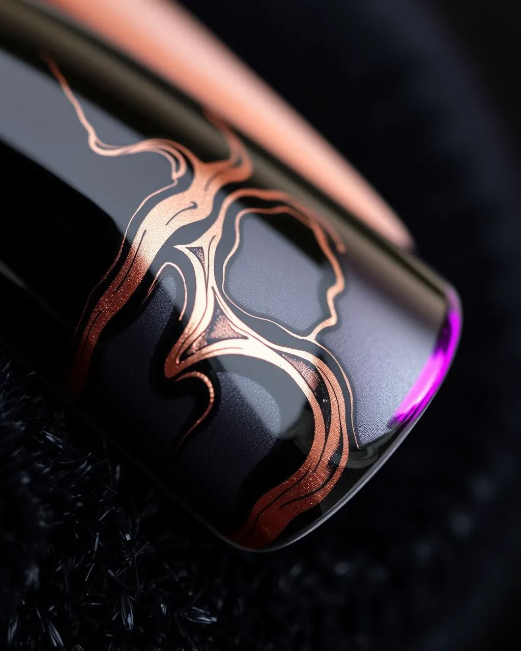Nail art concept: glossy black base with liquid chrome marbling and rose-gold foil veins.