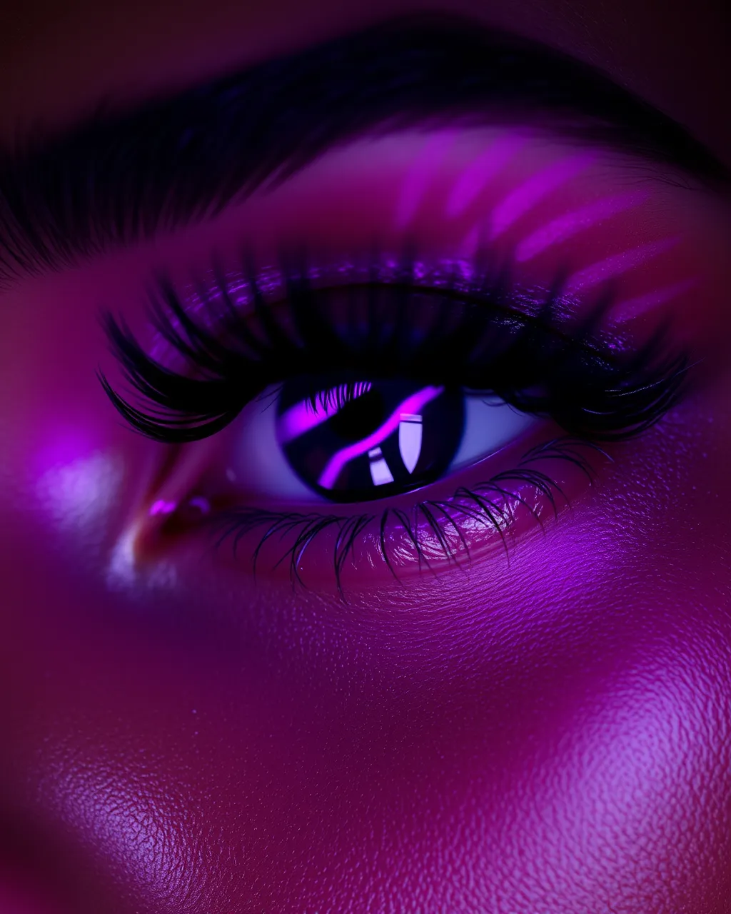 Macro concept image of a full set of lash extensions under violet and magenta light.