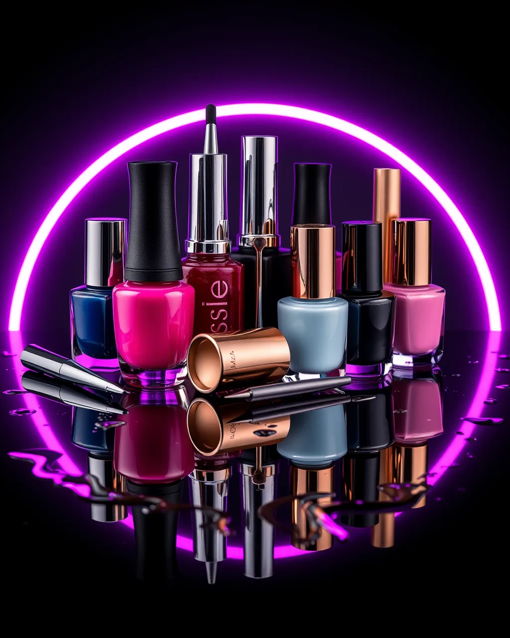 Concept still life of polish bottles and salon tools on wet black glass under neon light.