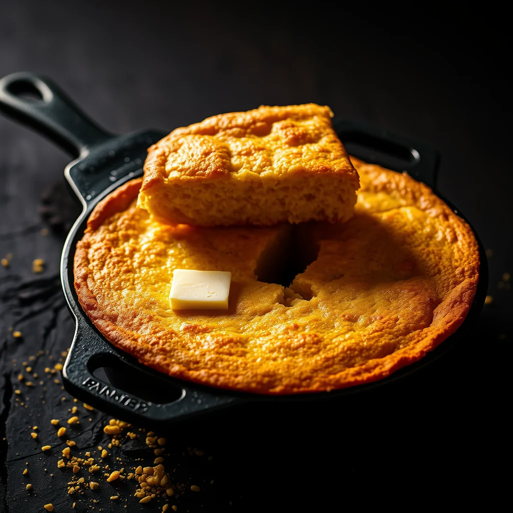 Golden skillet cornbread with a crisp browned edge and a pat of butter melting into the crumb.