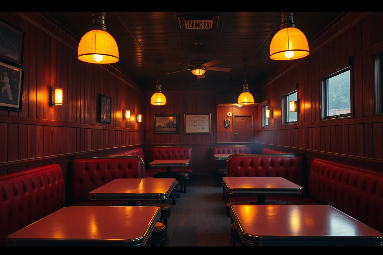 Warm, dimly lit dining room with red vinyl booths, wood panelling and low amber pendant lights.