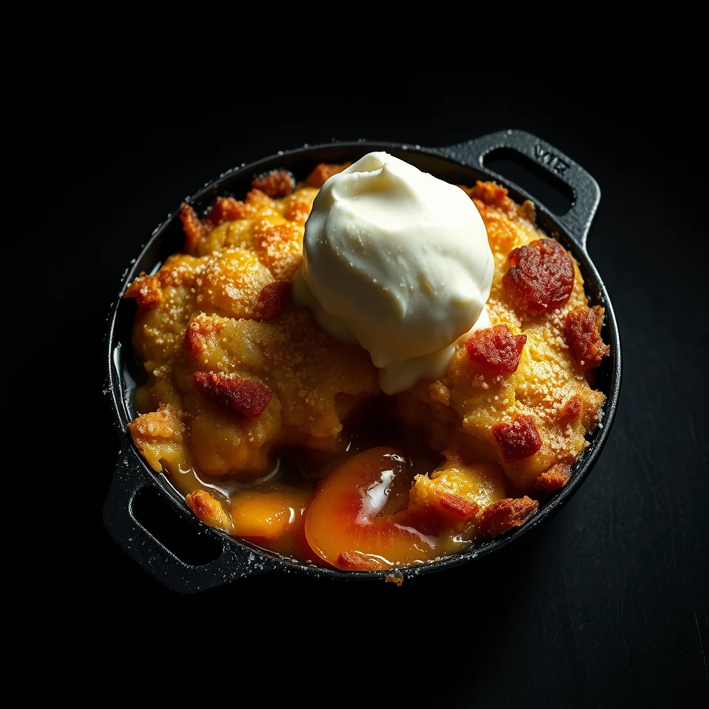 Peach cobbler bubbling in a small cast iron dish with a scoop of vanilla ice cream melting on top.