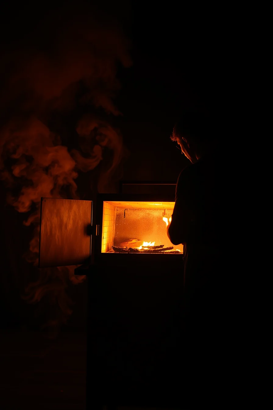Silhouette of a pitmaster tending an open smoker firebox, backlit by orange embers and heavy smoke.