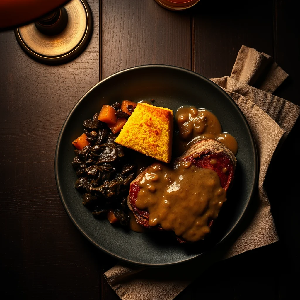 A soul food dinner plate with candied yams, collard greens, cornbread and a smothered pork chop.